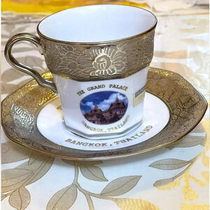 Vintage Bangkok Thailand hand painted cup and soccer white gold